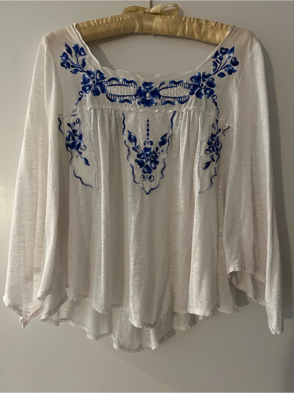 Free People White Tunic with Blue Floral Embroidery